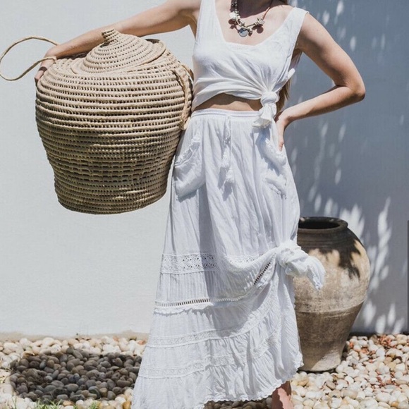 Boho White Tassel Tie Clouded Dream Cotton Maxi Skirt With Lace Embroidery - Picture 8 of 12